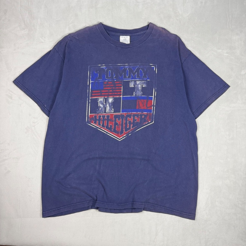 90s Mens Tommy Hilfiger‎ Crest Graphic T-Shirt Vintage Navy Blue XL